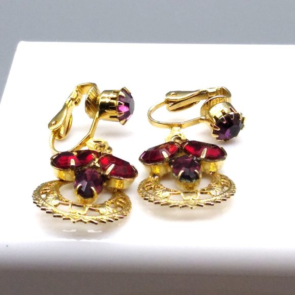Vintage Filigree Dangle Earrings with Deep Red and Purple Teardrop Crystals - Picture 2 of 4